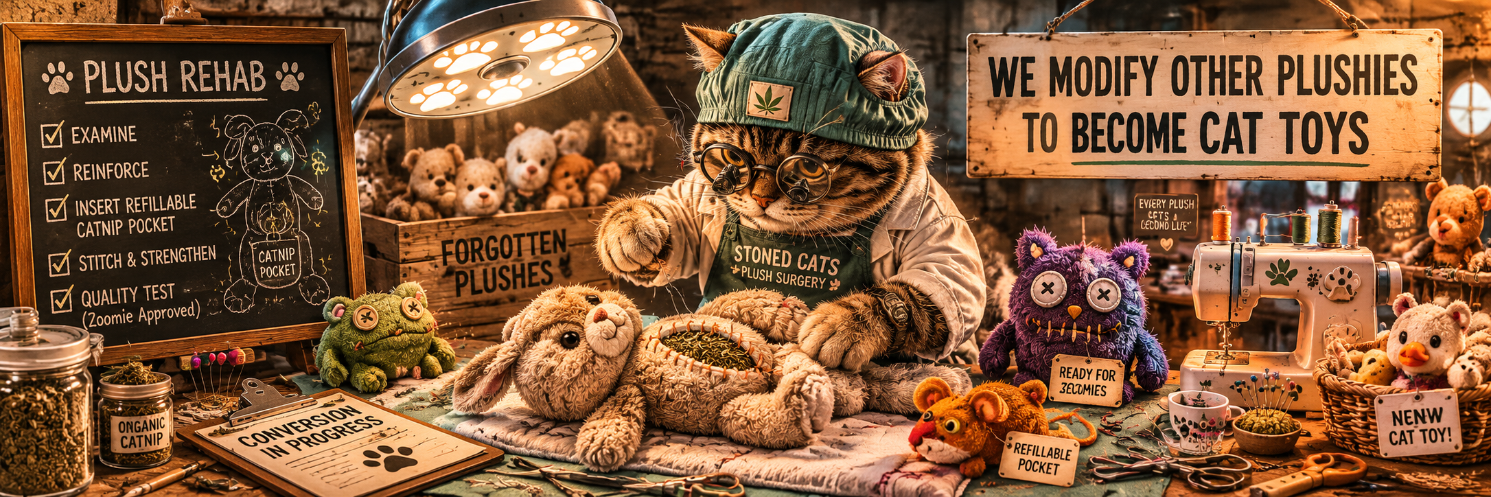 Cat surgeon modifying plushies into cat toys