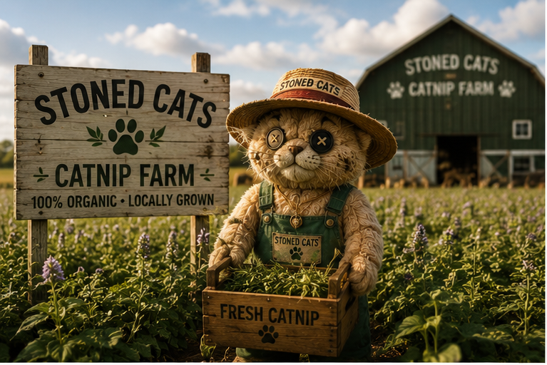 Stoned Cats plushie farmer holding fresh catnip on the farm