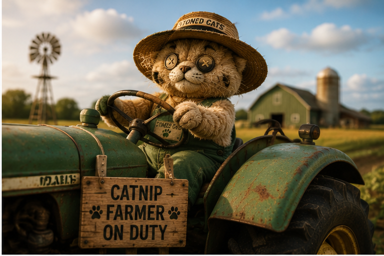 Stoned Cats plushie farmer driving a tractor