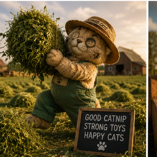 Plushie carrying harvested catnip in a field