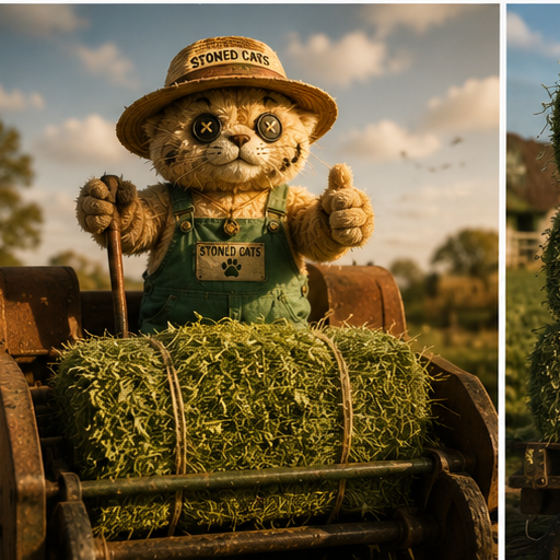 Plushie standing on a hay baler with a bale of catnip