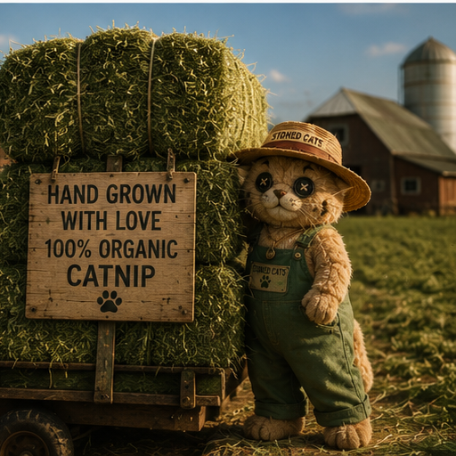 Plushie standing beside a wagon stacked with catnip bales